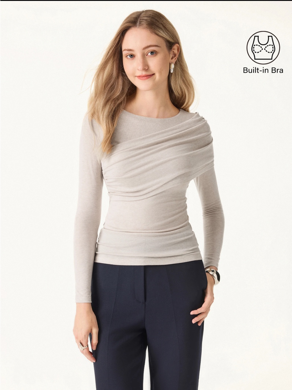 Ogl Long Sleeve Draped Front Tee In Light Beige